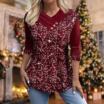 Women's Shirt Blouse Christmas Shirt Velvet Sparkly Red Sequins Button Long Sleeve Party Christmas Casual Festival  Holiday V Neck Regular Fit Fall  Winter Lightinthebox