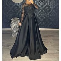 A-Line Evening Gown Black Dress Dress Formal Black Tie Floor Length Long Sleeve Jewel Neck Fall Wedding Guest Satin with Sequin 2023 Lightinthebox - thumbnail
