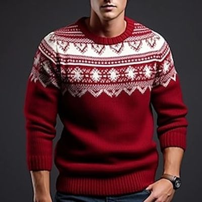 Geometry Casual Men's Print Knitting Ugly Christmas Sweater Pullover Sweater Jumper Knitwear Outdoor Daily Vacation Christmas Long Sleeve Crewneck Sweaters Retro Red White Dark Red Fall Winter S M L Lightinthebox