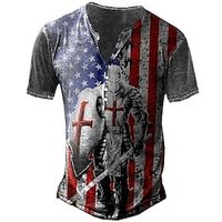 Color Block Knights Templar American Flag Designer Retro Vintage Basic Men's 3D Print Henley Shirt Short Sleeve Shirt T shirt Tee Tee Top Street Casual Vacation T shirt Black Blue Brown Short Sleeve Lightinthebox