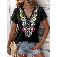 Women's T shirt Tee Daily Print Black Short Sleeve Bohemia Vintage V Neck Summer Lightinthebox - thumbnail