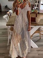 V-Neck Casual Loose Sequin Print Sparkle Short-Sleeved Maxi Dress