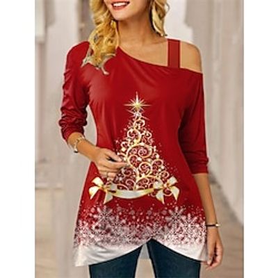 Women's Blouse Christmas Shirt Red Blue Fuchsia Christmas Tree Sparkly Print Long Sleeve Party Christmas Casual Festival  Holiday Cold Shoulder Regular Fit Spring   Fall Lightinthebox