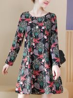 Casual Floral Print O-neck Long Sleeve Dresses