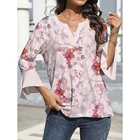 Women's T shirt Tee Floral Yellow Pink Blue Print Ruffle Long Sleeve Daily Going out Fashion V Neck Regular Fit Spring   Fall Lightinthebox - thumbnail