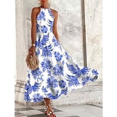 Women's Long Dress Maxi Dress Casual Dress Swing Dress Halter Neck Dress Floral Fashion Modern Holiday Date Vacation Ruched Print Sleeveless Halter Dress Regular Fit Blue Summer Spring S M L XL XXL Lightinthebox