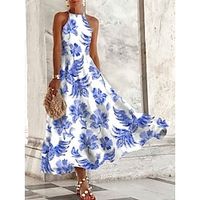 Women's Long Dress Maxi Dress Casual Dress Swing Dress Halter Neck Dress Floral Fashion Modern Holiday Date Vacation Ruched Print Sleeveless Halter Dress Regular Fit Blue Summer Spring S M L XL XXL Lightinthebox - thumbnail