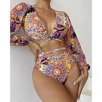 Women's Swimwear Tankini 2 Piece Normal Swimsuit 2 Piece Printing Graphic Orange Bathing Suits Sports Summer Lightinthebox - thumbnail