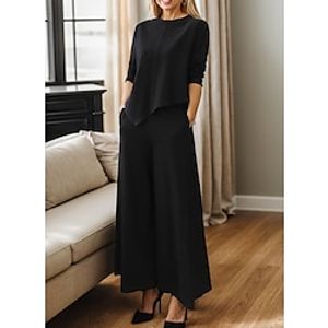 Women's Shirt Pants Sets Black Brown Gray Solid Color Long Sleeve Work Daily Fashion Business Round Neck Regular Fit Spring   Fall miniinthebox