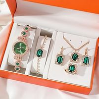 Shining Ladies Watches Gifts Set with Diamond Decorated Bracelet Necklace Ring Earrings Luxury Fashion Jewellery Green Jade Quartz Wrist Womens Watch Rose Gold 5PcsSet Lightinthebox - thumbnail