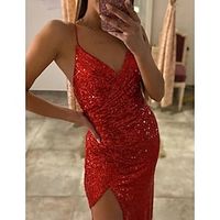 Mermaid  Trumpet Evening Gown Sparkle Dress Formal Christmas Court Train Sleeveless Spaghetti Strap Sequined with Ruched Sequin Slit 2023 Lightinthebox - thumbnail