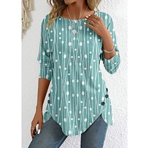 Women's T shirt Tee Striped Green Print Button Long Sleeve Daily Weekend Fashion Round Neck Regular Fit Spring   Fall Lightinthebox