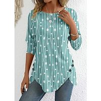 Women's T shirt Tee Striped Green Print Button Long Sleeve Daily Weekend Fashion Round Neck Regular Fit Spring   Fall Lightinthebox - thumbnail