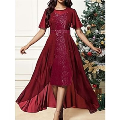 Women's Prom Dress Party Dress Sequin Dress Long Dress Maxi Dress Wine Half Sleeve Pure Color Sequins Spring Fall Winter Crew Neck Fashion Christmas Wedding Guest Evening Party 2023 S M L XL XXL 3XL Lightinthebox