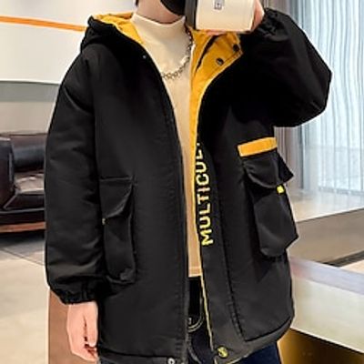 Kids Boys Hoodie Jacket Outerwear Letter Long Sleeve Zipper Coat Outdoor Cool Daily Black Yellow Winter 7-13 Years Lightinthebox