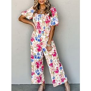 Women's Jumpsuit Print Floral Crew Neck Holiday Street Daily Regular Fit Short Sleeve Pink S M L Summer Lightinthebox