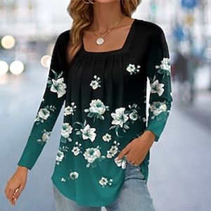 Women's T shirt Tee Floral Red Blue Purple Print Long Sleeve Casual Holiday Fashion Square Neck Regular Fit Spring   Fall Lightinthebox