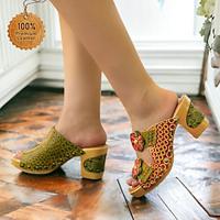 Women's Sandals Slippers Clogs Plus Size Handmade Shoes Outdoor Daily Beach Rivet Flower Block Heel Round Toe Vintage Casual Comfort Walking Premium Leather Loafer Yellow Lightinthebox