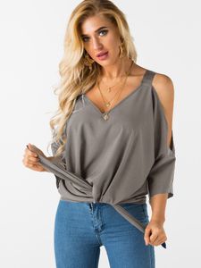YOINS Grey Tie-up Design Cold Shoulder Blouse