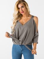 YOINS Grey Tie-up Design Cold Shoulder Blouse - thumbnail