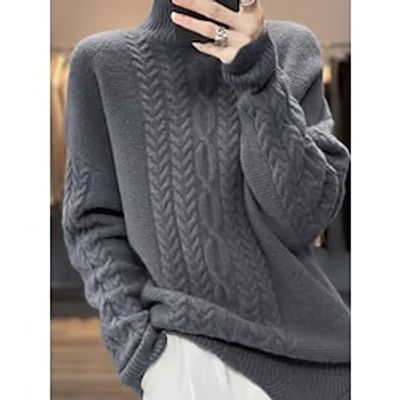 Women's Turtleneck Cable Pullover Sweater Jumper Knit Casual Sweater Acrylic Knitted Fall Winter Regular Outdoor Daily Going out Stylish Casual Soft Long Sleeve Solid Color Pink Blue Beige L XL Lightinthebox