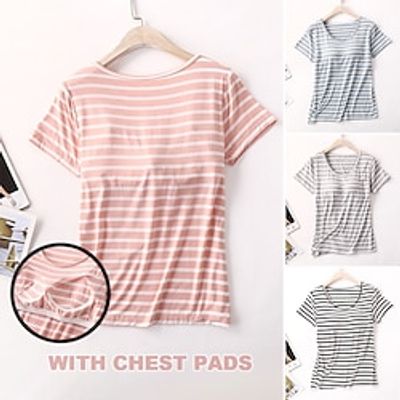 Women's Pajamas Top Stripe Fashion Comfort Home Daily Bed Modal Breathable Crew Neck Short Pant T shirt Tee Chest pads Summer Black Yellow Lightinthebox