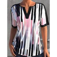 Women's T shirt Tee Pink Blue Striped Print Short Sleeve Daily Weekend Basic V Neck Regular Painting S Lightinthebox