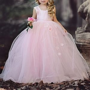 Party Event  Party Princess Flower Girl Dresses Square Neck Floor Length Tulle Spring with Lace Appliques Cute Girls' Party Dress Fit 3-16 Years Lightinthebox