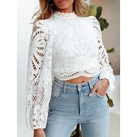 Women's Blouse Plain White Lace Patchwork Long Sleeve Casual Going out Elegant Fashion Standing Collar Regular Fit Spring Lightinthebox - thumbnail