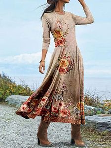 Oil Painting Floral Print Round Neck Long Sleeve Skater Dresses