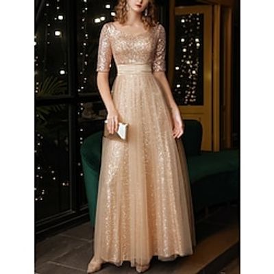 A-Line Prom Dresses Elegant Dress Formal Ankle Length Christmas Red Green Dress Short Sleeve Square Neck Sequined with Glitter Pleats Ruched 2023 Lightinthebox