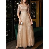 A-Line Prom Dresses Elegant Dress Formal Ankle Length Christmas Red Green Dress Short Sleeve Square Neck Sequined with Glitter Pleats Ruched 2023 Lightinthebox - thumbnail