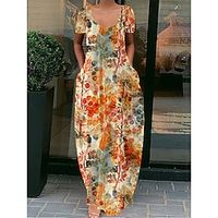 Women's Long Dress Maxi Dress Casual Dress Shift Dress Leopard Flower Casual Daily Weekend Pocket Print Short Sleeve V Neck Dress Regular Fit Yellow Brown Khaki Spring Summer S M L XL XXL Lightinthebox - thumbnail