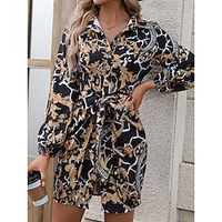 Women's Casual Dress Shirt Dress Winter Dress Print Lace up Button Shirt Collar Mini Dress Fashion Streetwear Outdoor Daily Long Sleeve Regular Fit Black Fall Winter S M L XL Lightinthebox - thumbnail