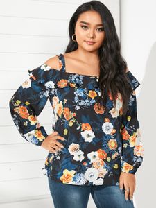 YOINS Plus Size Cold Shoulder Floral Print Backless Design Long Sleeves Blouse