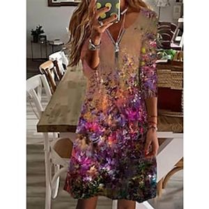 Women's Casual Dress Shift Dress Green Purple Long Sleeve Floral Zipper Print Winter Fall V Neck Stylish Casual Fall Dress 2022 S M L XL 2XL 3XL 4XL 5XL 6XL / Winter Dress miniinthebox