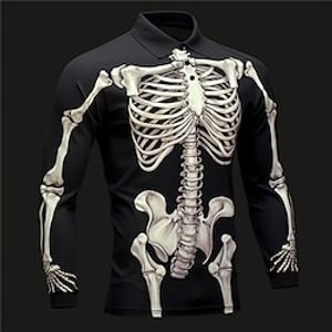 Skeleton Abstract Men's 3D Print Golf Polo Outdoor Casual Daily Streetwear Halloween Polyester Long Sleeve Turndown Polo Shirts Black Beige Gray Fall  Winter S M L Micro-elastic Lapel Polo Lightinthebox