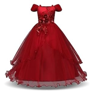 Kids Girls' Dress Embroidered Solid Color One Shoulder Daily Vacation Blushing Pink Red Apricot Lace Tulle Maxi Princess Cute Sweet Dresses Fall Winter 5-13 Years Lightinthebox