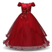 Kids Girls' Dress Embroidered Solid Color One Shoulder Daily Vacation Blushing Pink Red Apricot Lace Tulle Maxi Princess Cute Sweet Dresses Fall Winter 5-13 Years Lightinthebox - thumbnail