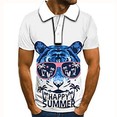 Men's Golf Shirt 3D Print Graphic Prints Tiger Letter Button-Down Short Sleeve Street Tops Casual Fashion Cool White / Sports miniinthebox