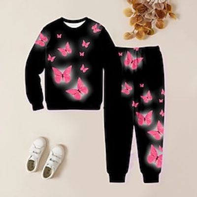 Girls' 3D Butterfly Sweatshirt  Sweatpants Set Long Sleeve 3D Printing Spring Fall Active Fashion Cute Polyester Kids 3-12 Years Crew Neck Outdoor Street Date Regular Fit Lightinthebox