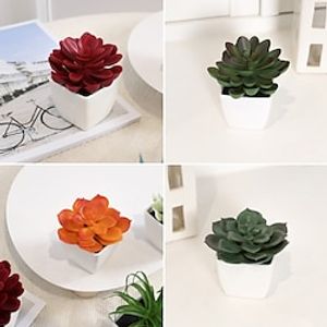 5pcs Succulents Plants Artificial in Small White Mini Ceramic Planters - Potted Decor Plants for Home, Office, Bathroom, Bedroom, Desk, Bookshelf - Realistic Faux Plastic Greenery miniinthebox