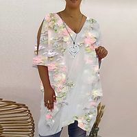 Women's Plus Size Tops T shirt Tee Floral Leaf Cut Out Print Half Sleeve V Neck Exaggerated Festival Daily Vacation Cotton Spandex Jersey Fall Winter Green White Lightinthebox - thumbnail