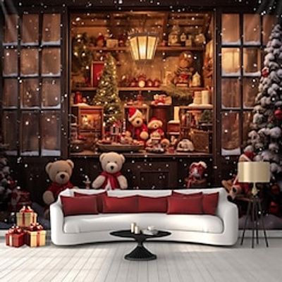 Christmas Window View Bear Hanging Tapestry Wall Art Xmas Large Tapestry Mural Decor Photograph Backdrop Blanket Curtain Home Bedroom Living Room Decoration Lightinthebox