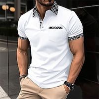 Men's Polo Shirt Golf Shirt Work Casual Lapel Short Sleeve Basic Modern Plaid Color Block Patchwork Button Spring  Summer Regular Fit Dark Pink White Pink Khaki Light Blue Polo Shirt Lightinthebox