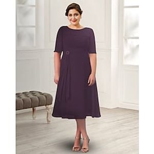 A-Line Mother of the Bride Dress Plus Size Elegant Jewel Neck Tea Length Chiffon Short Sleeve with Ruched 2022 Lightinthebox