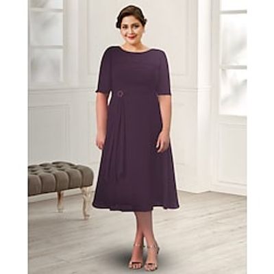 A-Line Mother of the Bride Dress Plus Size Elegant Jewel Neck Tea Length Chiffon Short Sleeve with Ruched 2022 Lightinthebox