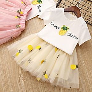 Kids Little Girls' Dress Pineapple Fruit Mesh Print Yellow Blushing Pink Knee-length Short Sleeve Basic Tutus  Skirts Dresses Summer Regular Fit 3-8 Years Lightinthebox
