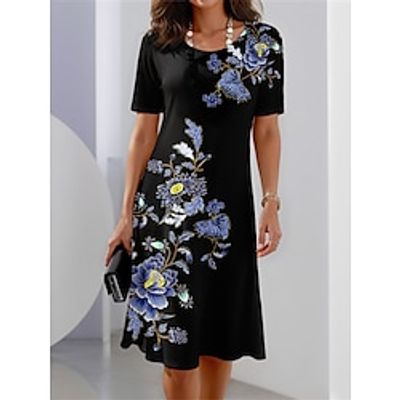 Women's Casual Dress T Shirt Dress Tee Dress Floral Print Crew Neck Midi Dress Streetwear Holiday Date Short Sleeve Loose Fit Royal Blue Blue Purple Summer S M L XL XXL Lightinthebox