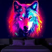 Blacklight Tapestry UV Reactive Glow in the Dark Wolf Animal Trippy Misty Nature Landscape Hanging Tapestry Wall Art Mural for Living Room Bedroom miniinthebox